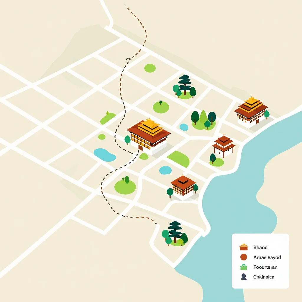 Isometric Tourist Map of Bhutan - Flat Design Isometric flat design tourist map of Bhutan showing landmarks, attractions, and points of interest