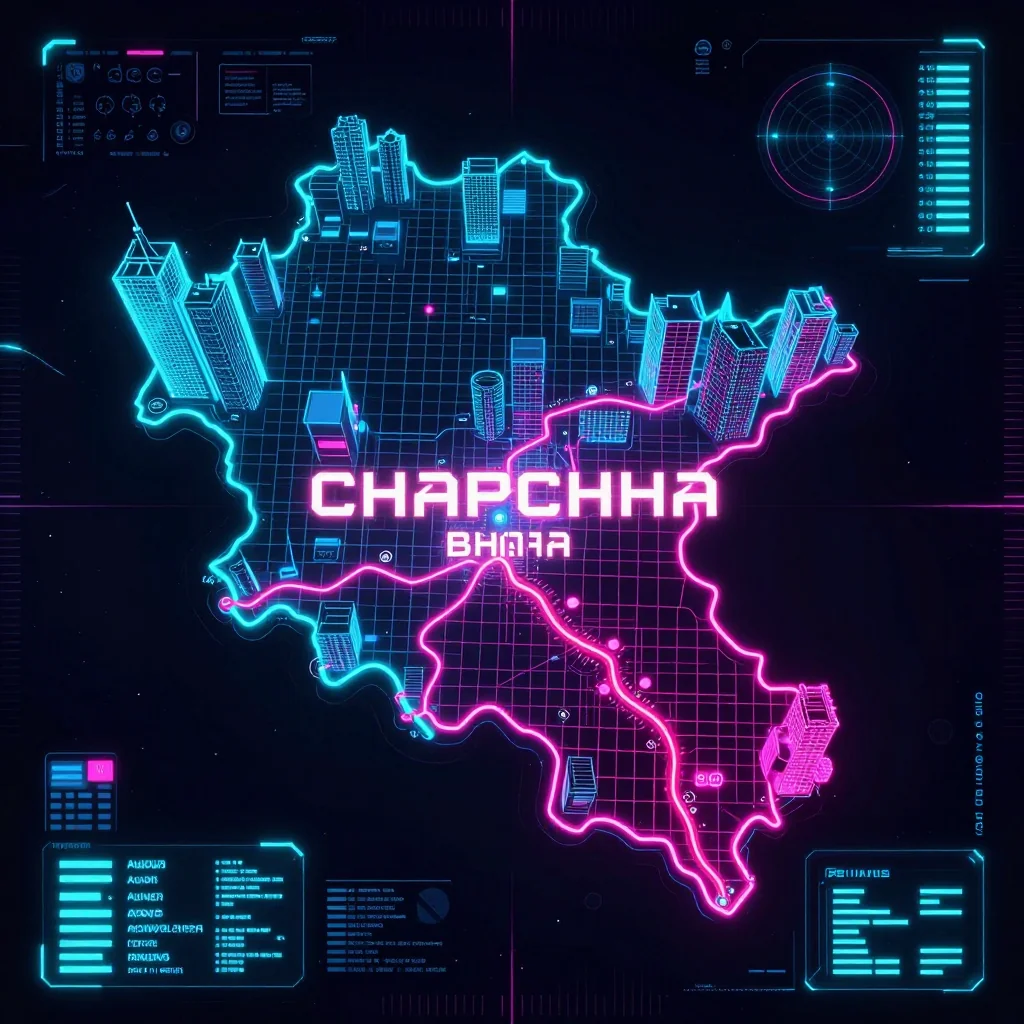Cyberpunk style digital map of Chapchha, Bhutan with neon grid lines and futuristic UI design