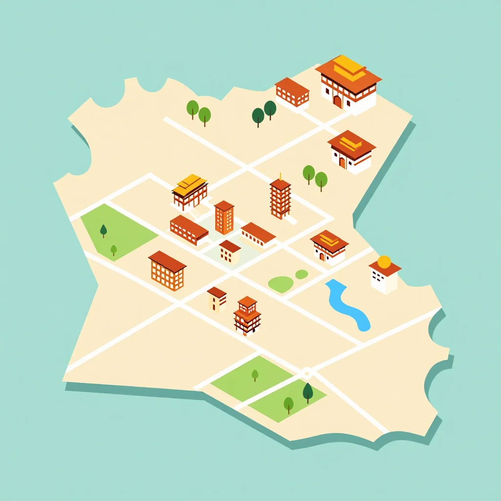 Isometric flat design tourist map of Chapchha, Bhutan showing landmarks, attractions, and points of interest