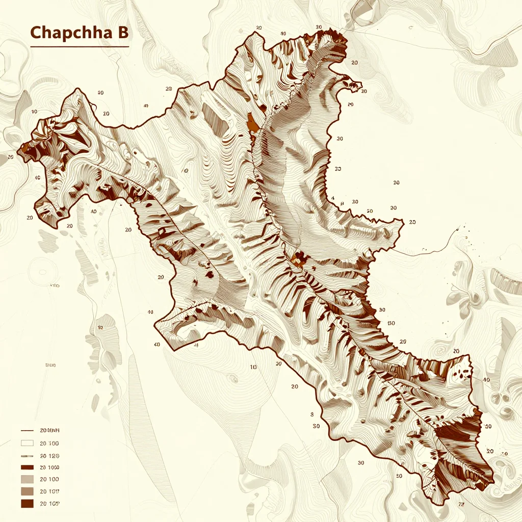 3D topographic map showing elevation contours, mountain ranges, and terrain features of Chapchha, Bhutan