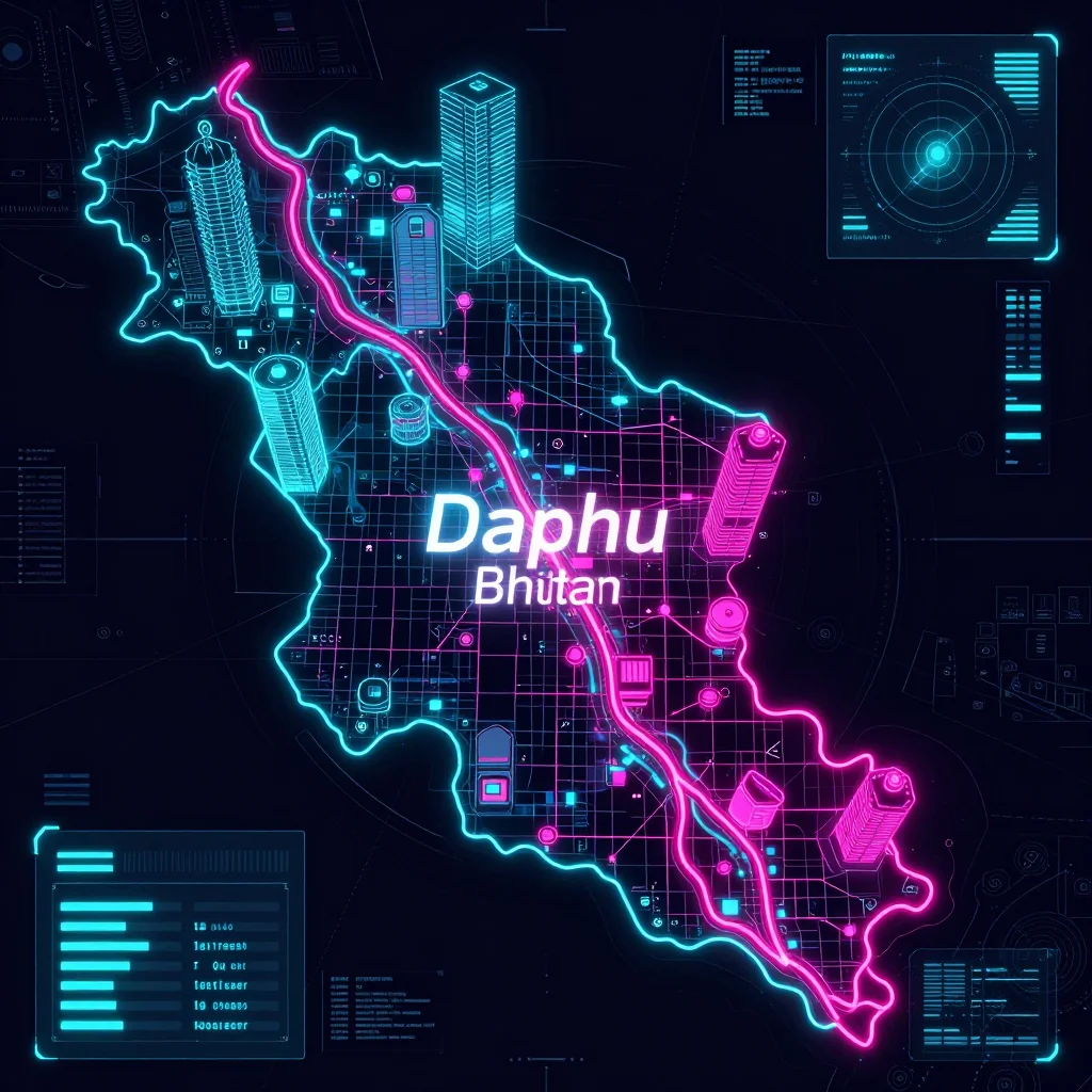Cyberpunk style digital map of Daphu, Bhutan with neon grid lines and futuristic UI design