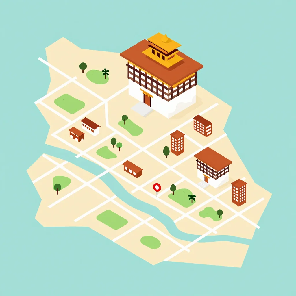 Isometric flat design tourist map of Daphu, Bhutan showing landmarks, attractions, and points of interest