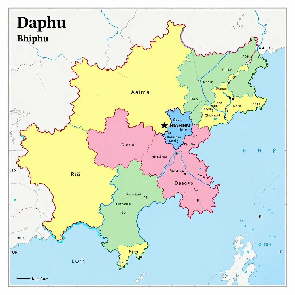 Political map showing borders, administrative divisions, major cities, and capital of Daphu, Bhutan