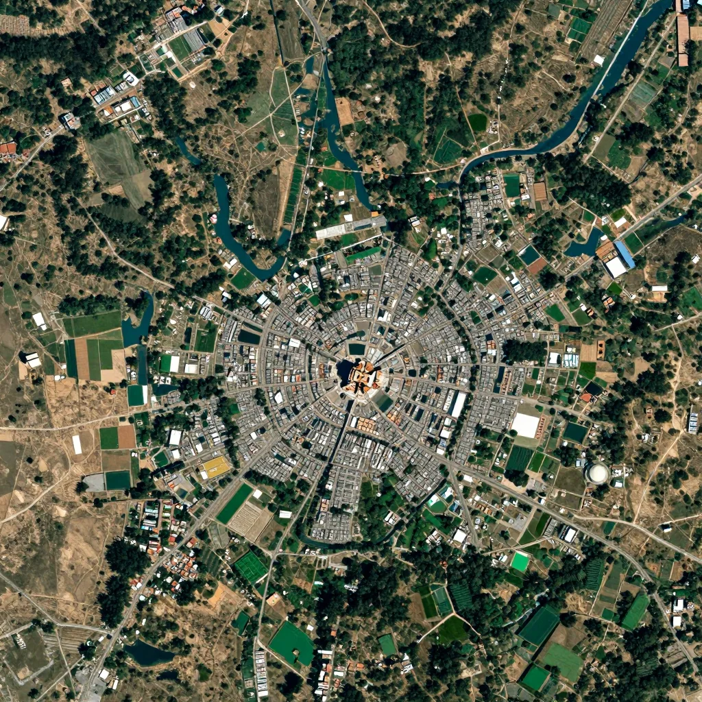 High-resolution satellite image of Daphu, Bhutan showing land cover, urban areas, and natural features from space