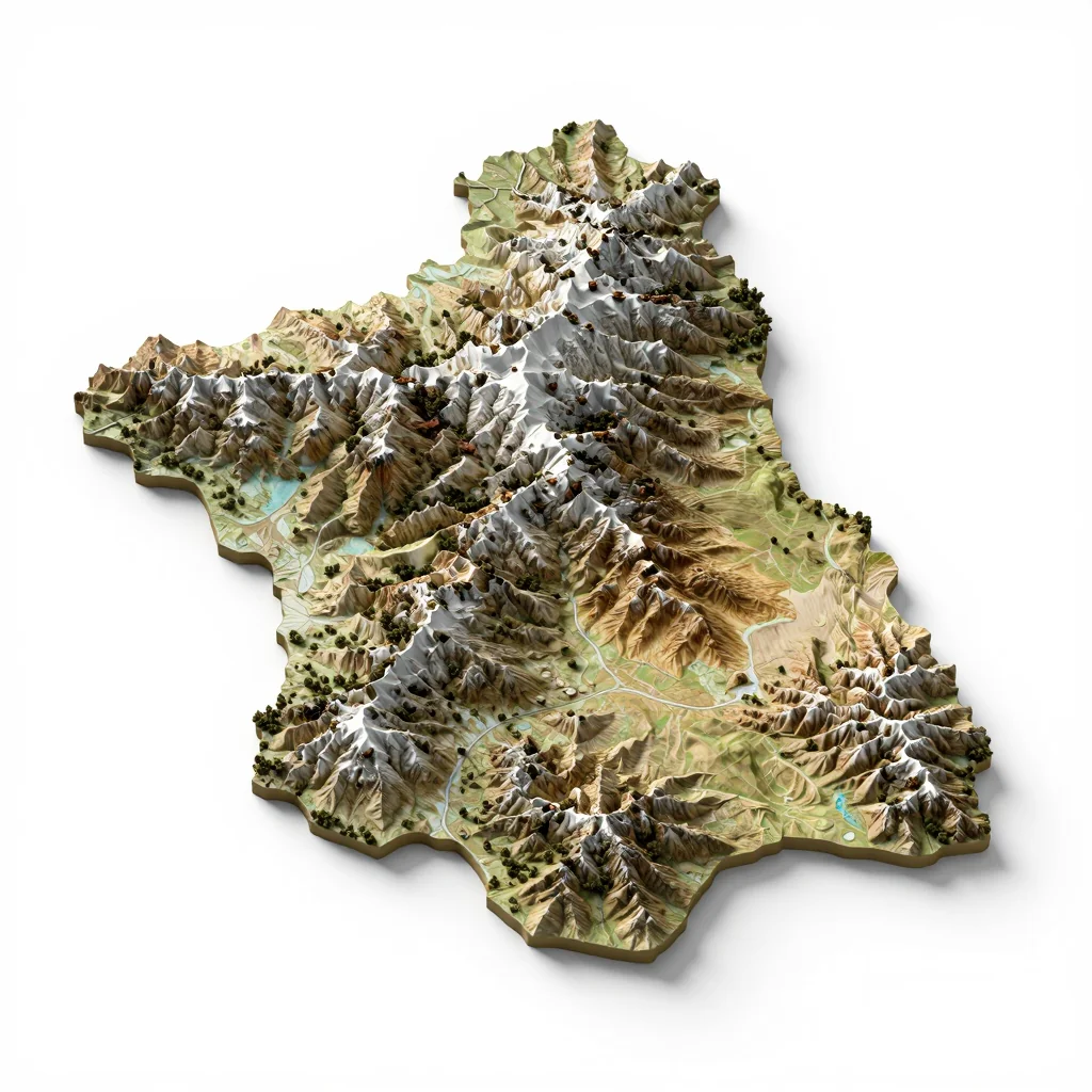Isometric 3D topographic visualization showing elevation and terrain of Daphu, Bhutan