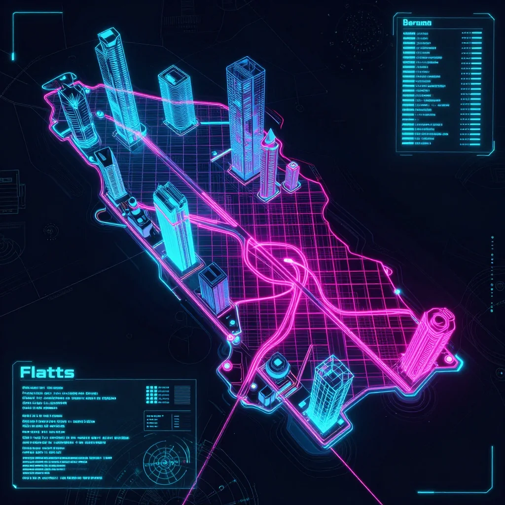 Futuristic Cyberpunk Map of Flatts, Bermuda Cyberpunk style digital map of Flatts, Bermuda with neon grid lines and futuristic UI design