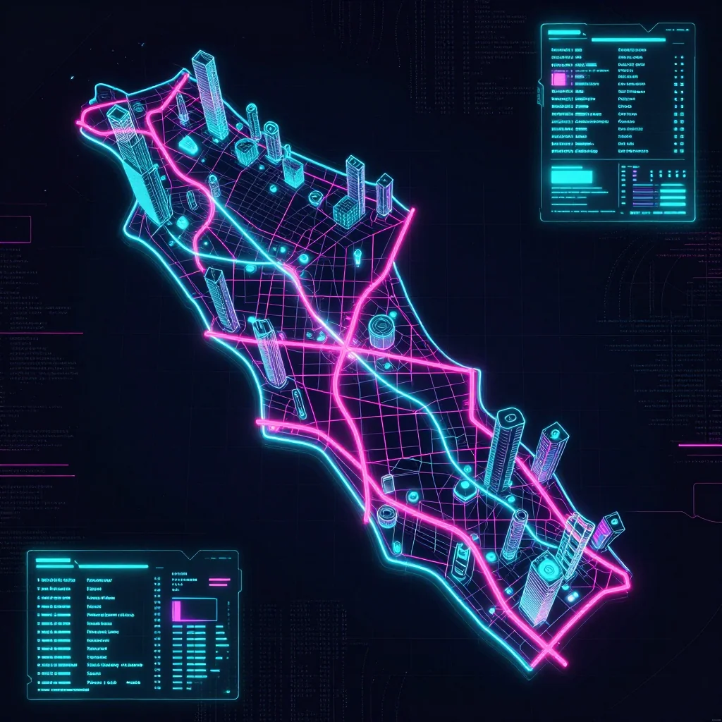 Cyberpunk style digital map of Hamilton, Bermuda with neon grid lines and futuristic UI design