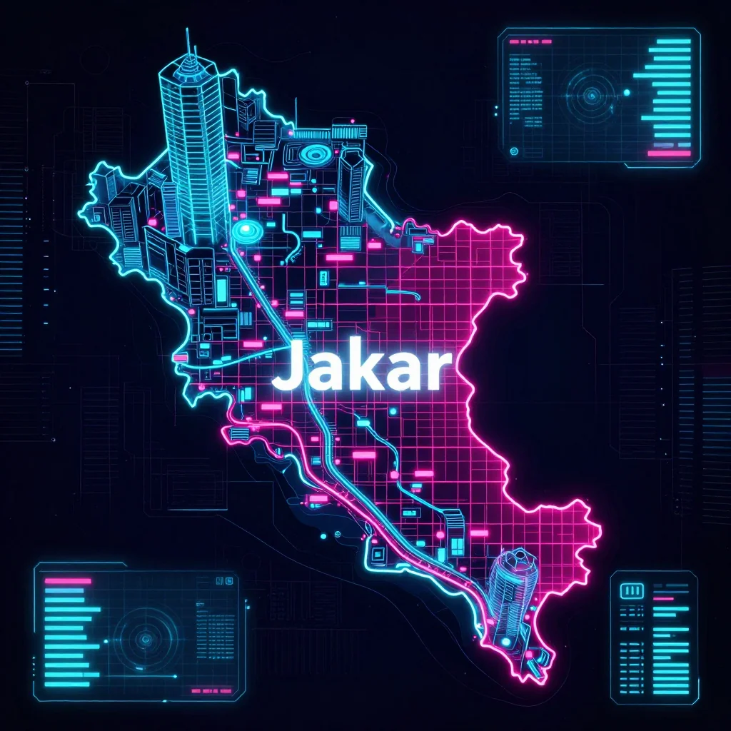 Cyberpunk style digital map of Jakar, Bhutan with neon grid lines and futuristic UI design