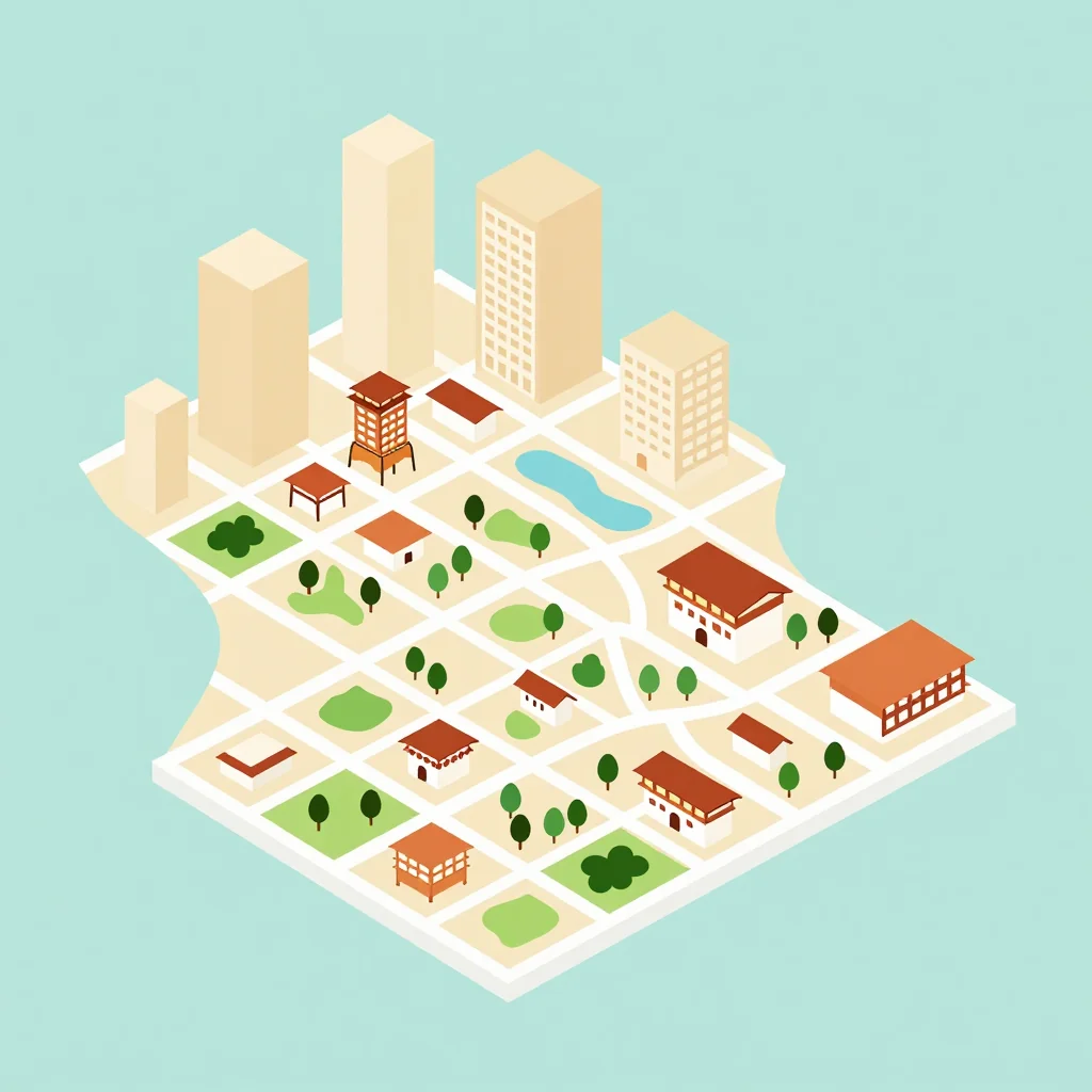 Isometric flat design tourist map of Jakar, Bhutan showing landmarks, attractions, and points of interest