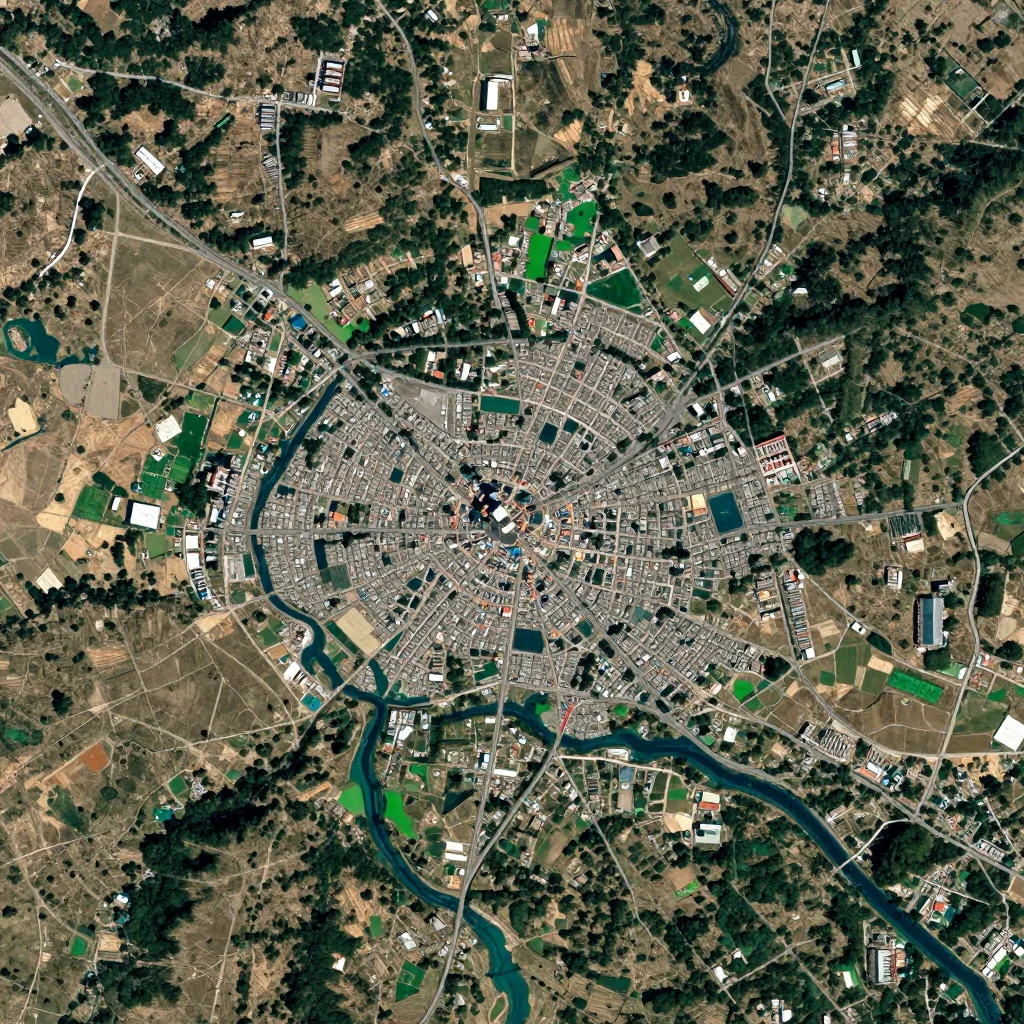 High-resolution satellite image of Jakar, Bhutan showing land cover, urban areas, and natural features from space