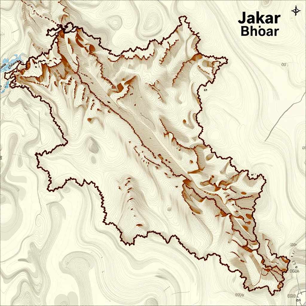 3D topographic map showing elevation contours, mountain ranges, and terrain features of Jakar, Bhutan