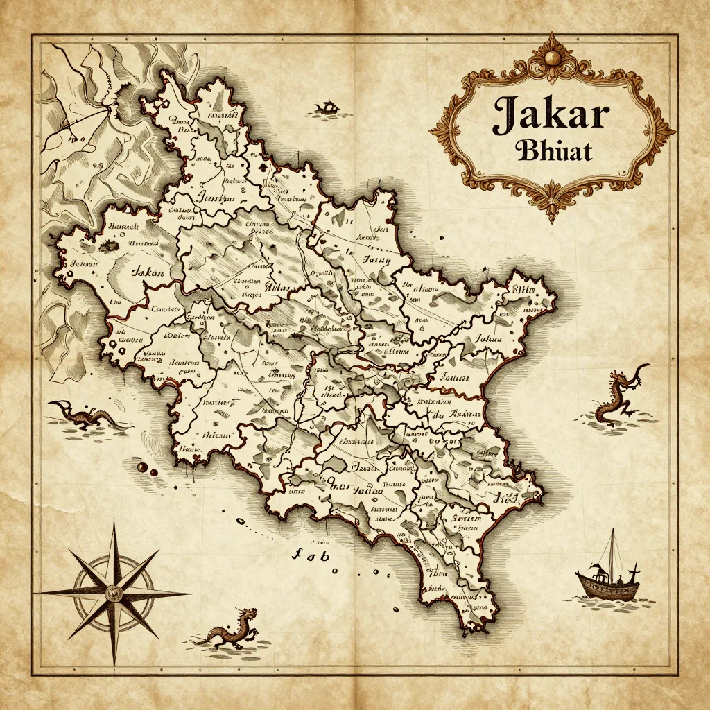 Antique vintage map of Jakar, Bhutan showing historical cartography style