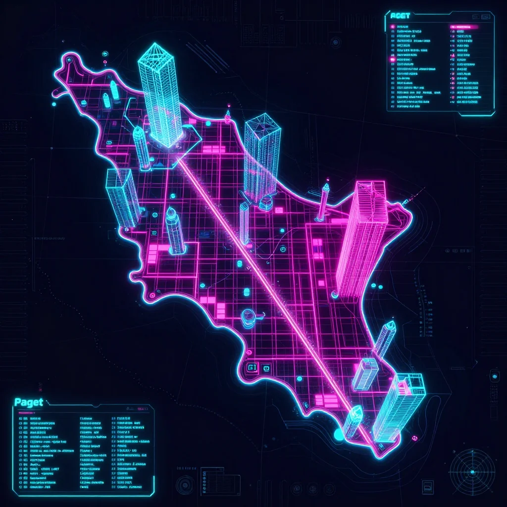 Cyberpunk style digital map of Paget, Bermuda with neon grid lines and futuristic UI design