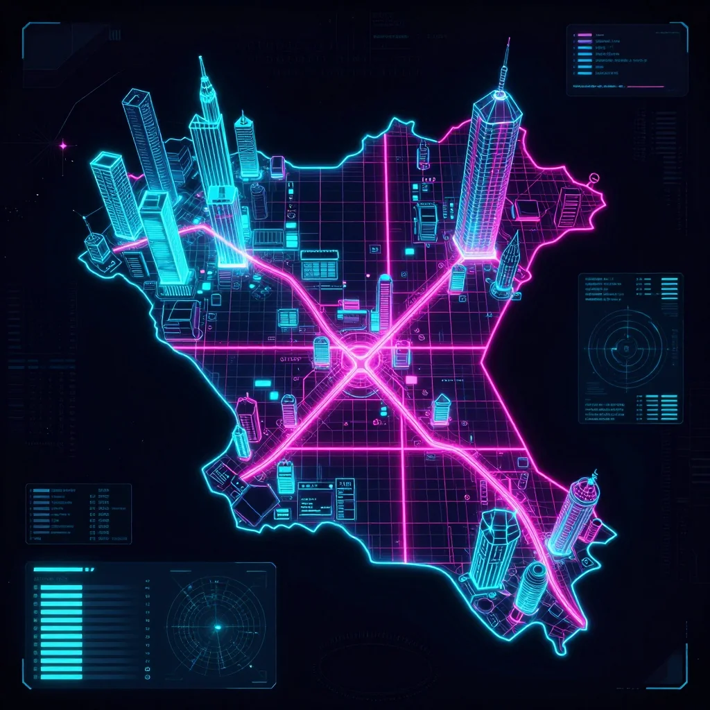 Futuristic Cyberpunk Map of Somerset, Bermuda Cyberpunk style digital map of Somerset, Bermuda with neon grid lines and futuristic UI design