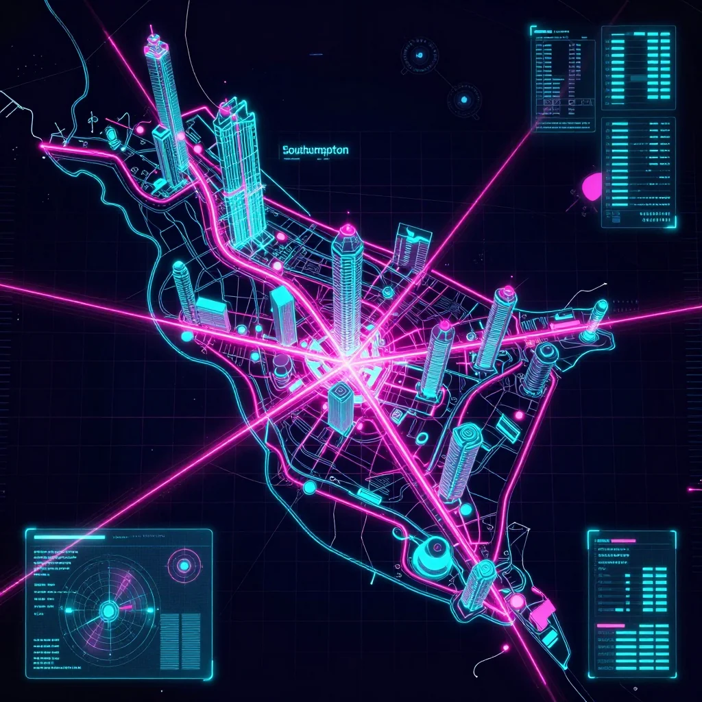 Cyberpunk style digital map of Southampton, Bermuda with neon grid lines and futuristic UI design