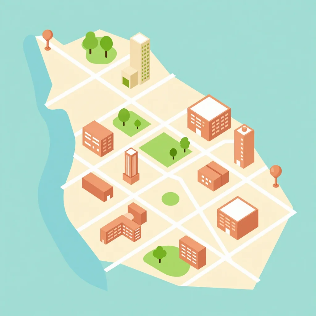 Isometric flat design tourist map of Southampton, Bermuda showing landmarks, attractions, and points of interest