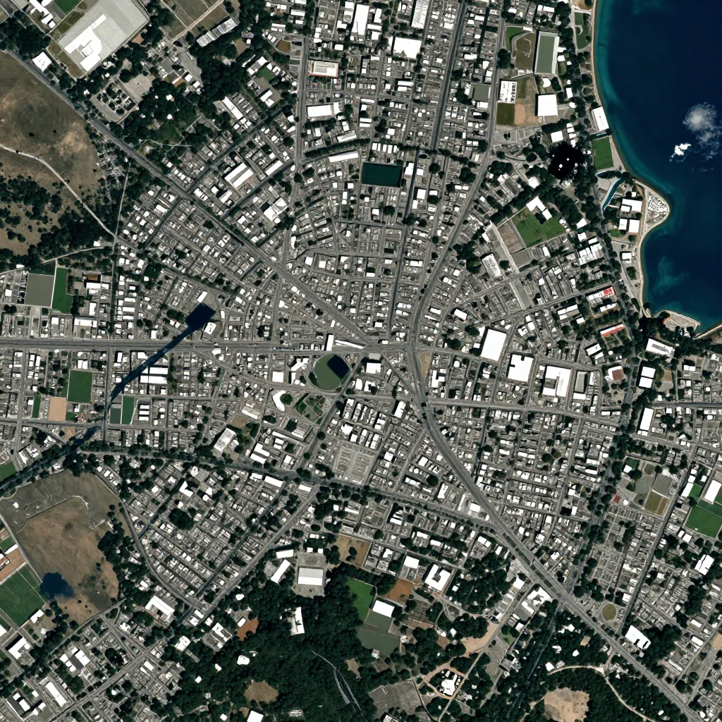 High-resolution satellite image of St. George's, Bermuda showing land cover, urban areas, and natural features from space