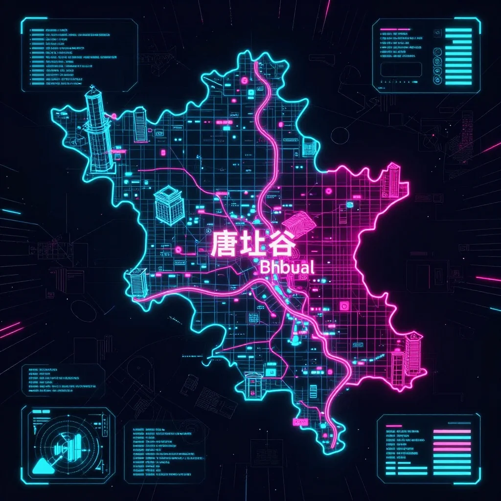 Cyberpunk style digital map of Tang Valley, Bhutan with neon grid lines and futuristic UI design