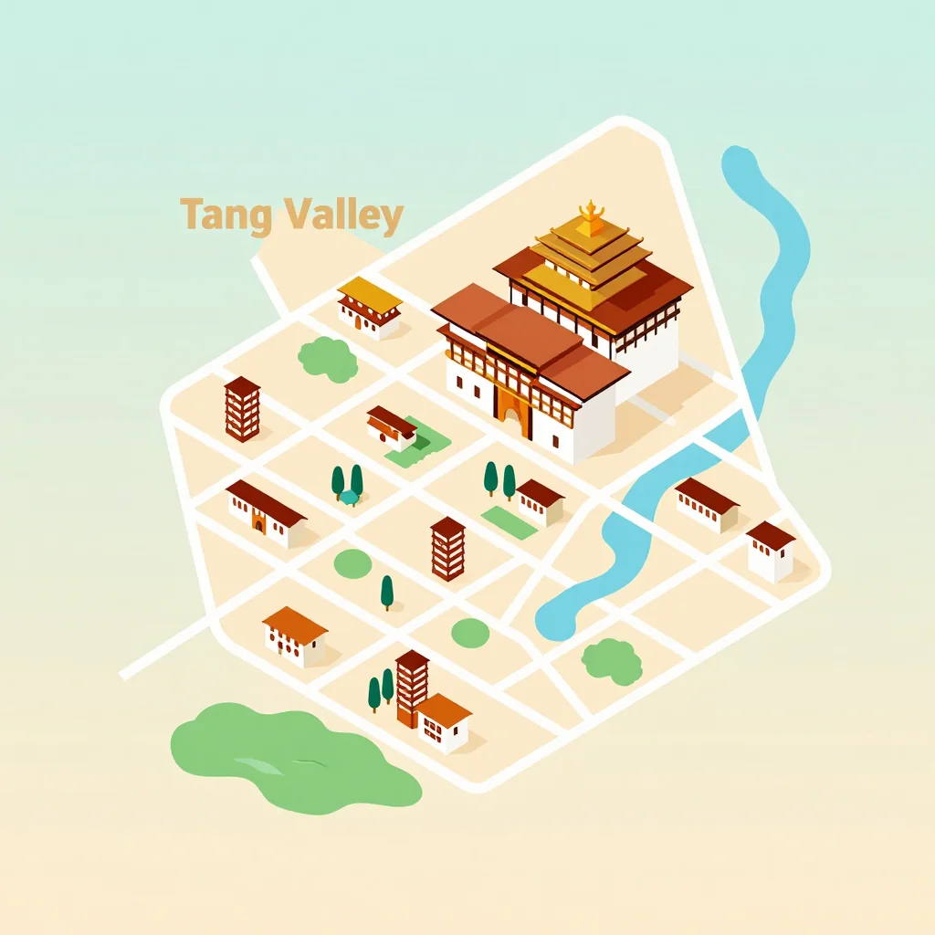 Isometric flat design tourist map of Tang Valley, Bhutan showing landmarks, attractions, and points of interest