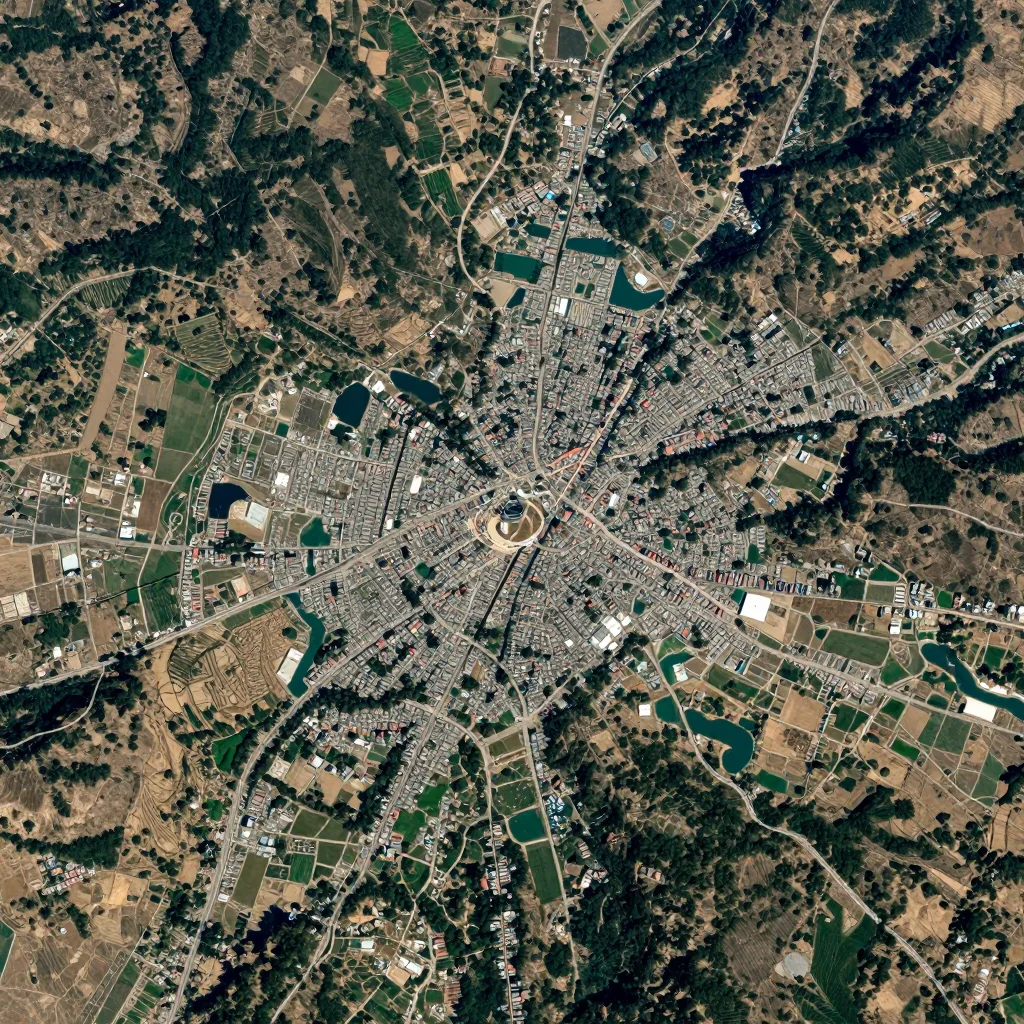 High-resolution satellite image of Tang Valley, Bhutan showing land cover, urban areas, and natural features from space
