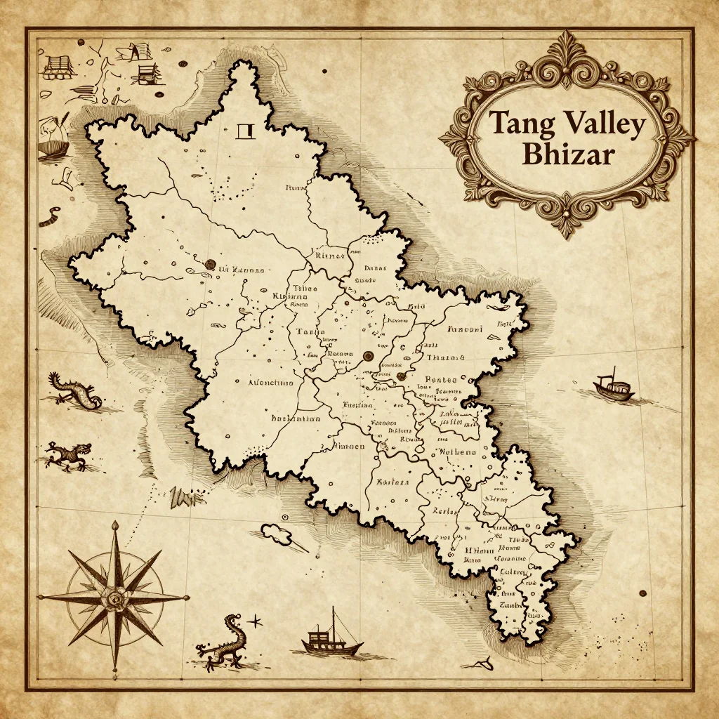 Antique vintage map of Tang Valley, Bhutan showing historical cartography style