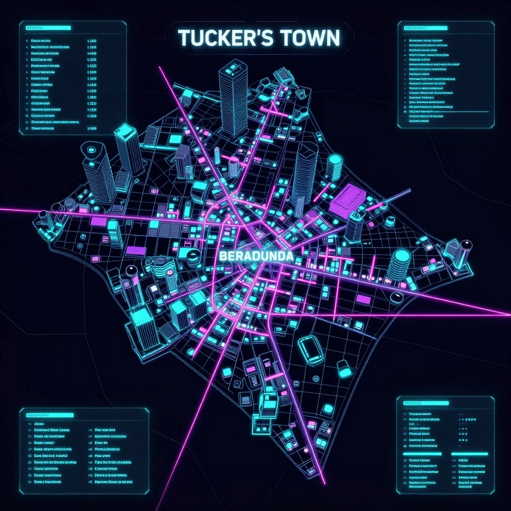 Cyberpunk style digital map of Tucker’s Town, Bermuda with neon grid lines and futuristic UI design