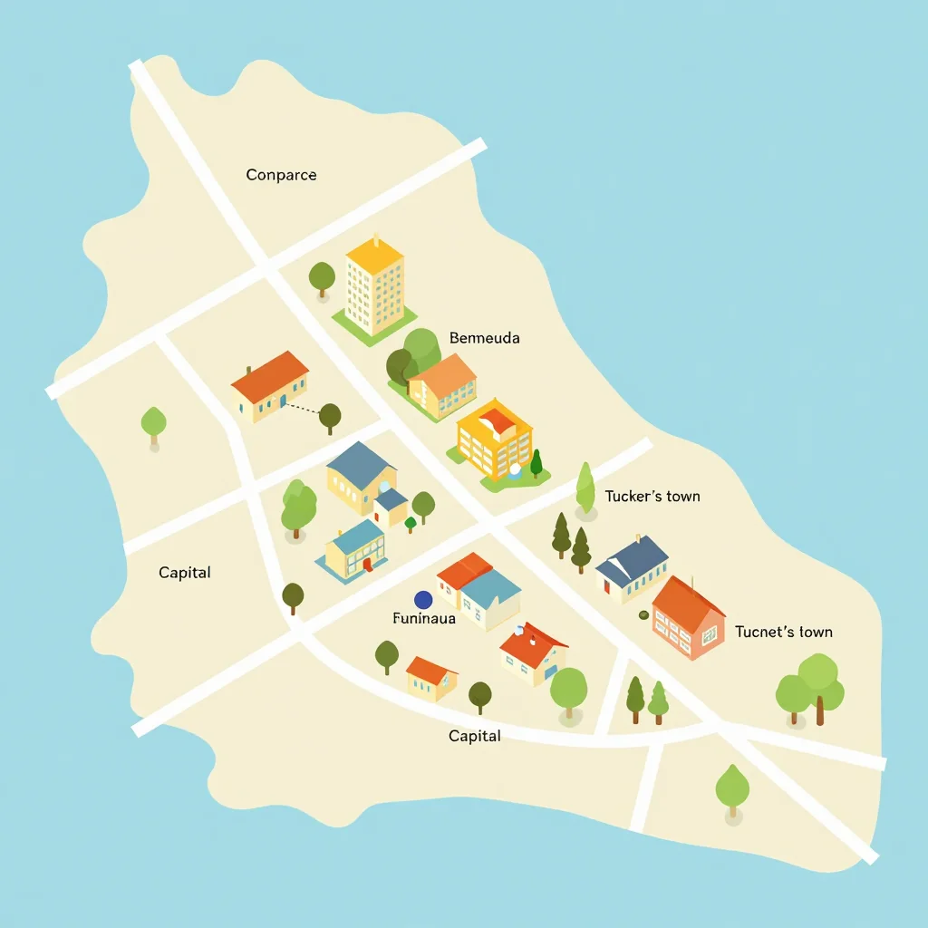 Isometric flat design tourist map of Tucker’s Town, Bermuda showing landmarks, attractions, and points of interest