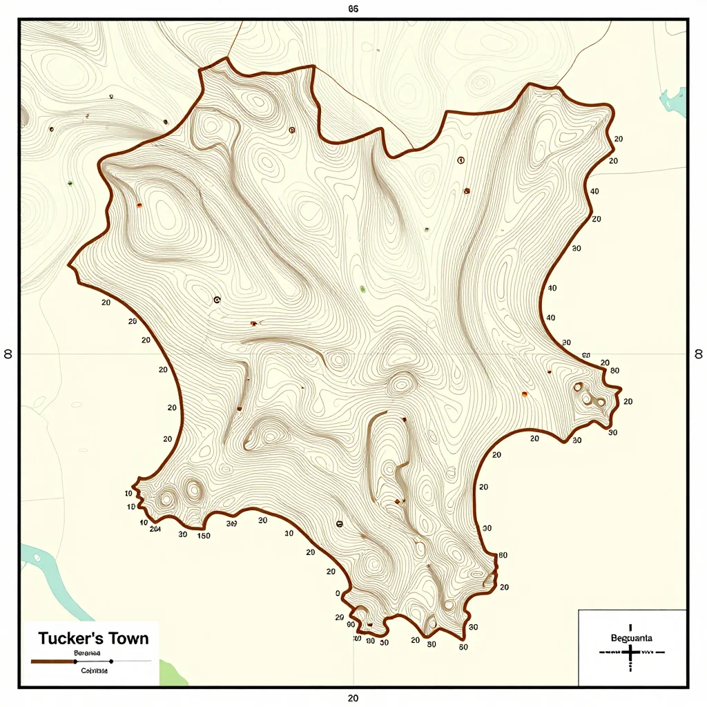 3D topographic map showing elevation contours, mountain ranges, and terrain features of Tucker’s Town, Bermuda