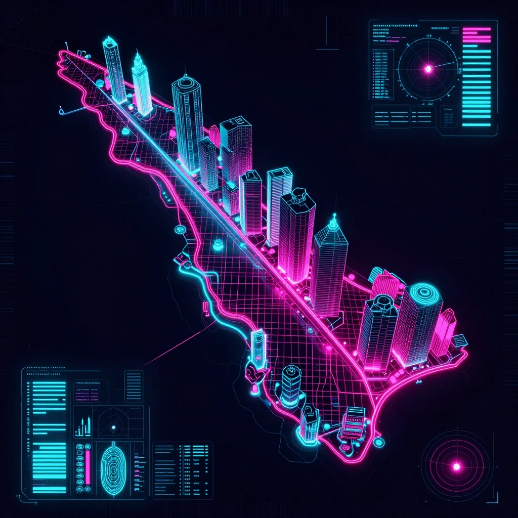 Cyberpunk style digital map of Warwick, Bermuda with neon grid lines and futuristic UI design
