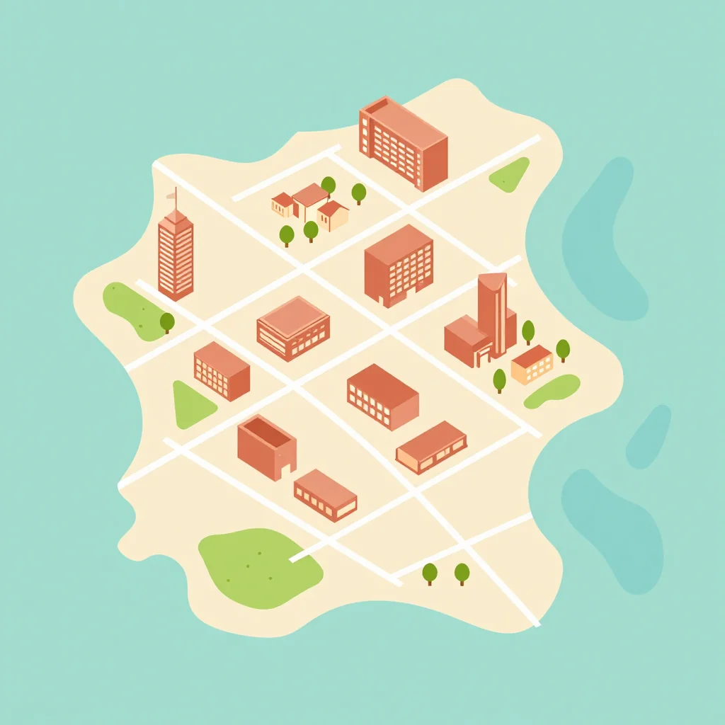 Isometric flat design tourist map of Warwick, Bermuda showing landmarks, attractions, and points of interest
