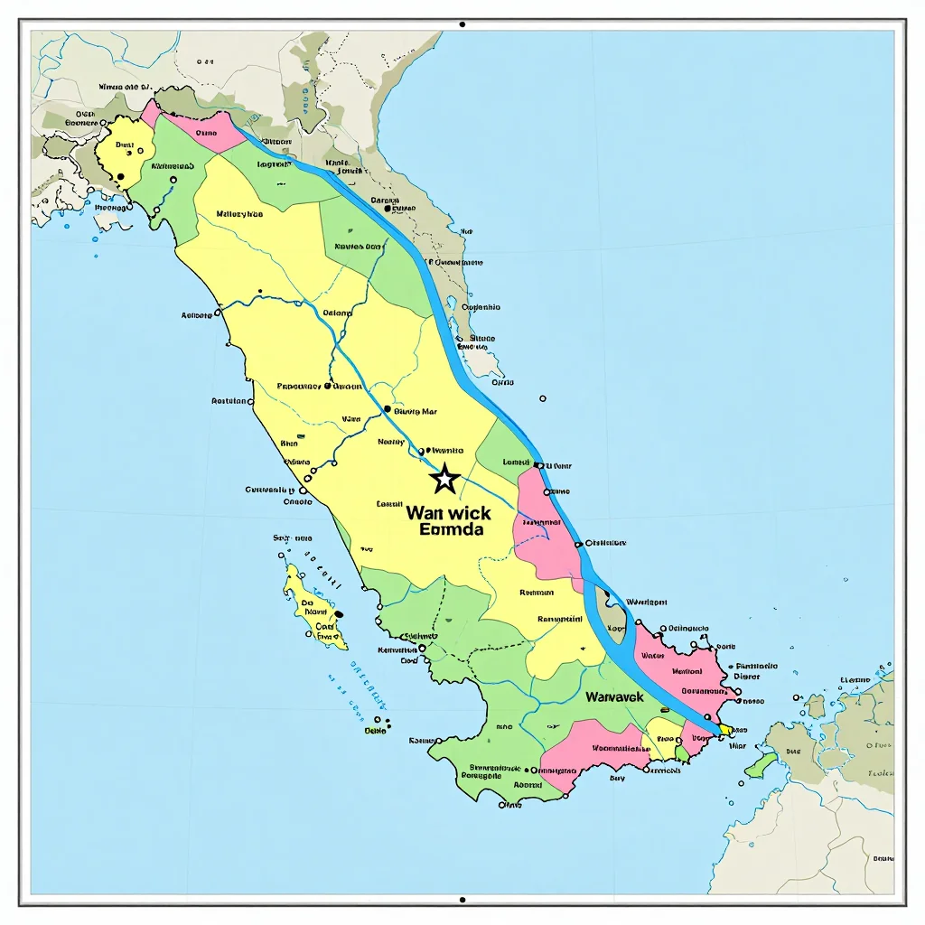 Political map showing borders, administrative divisions, major cities, and capital of Warwick, Bermuda