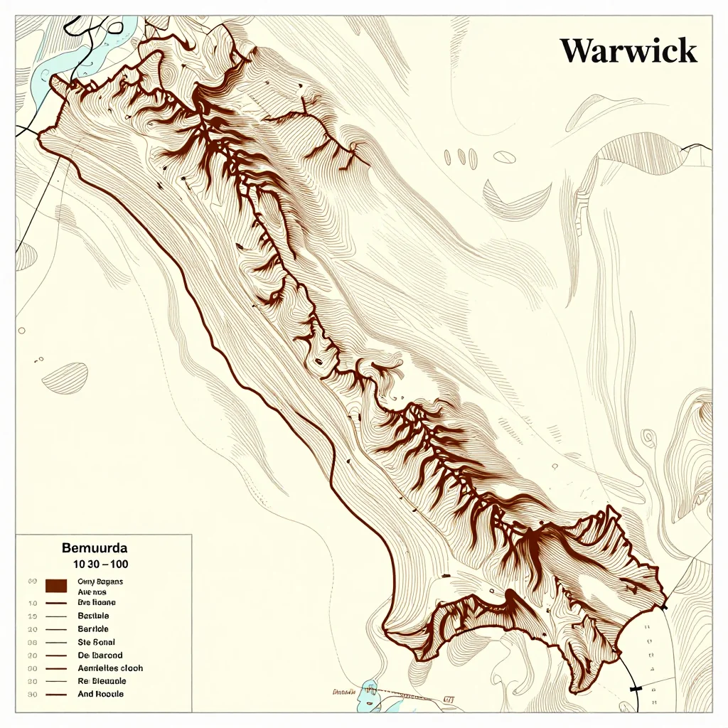 3D topographic map showing elevation contours, mountain ranges, and terrain features of Warwick, Bermuda