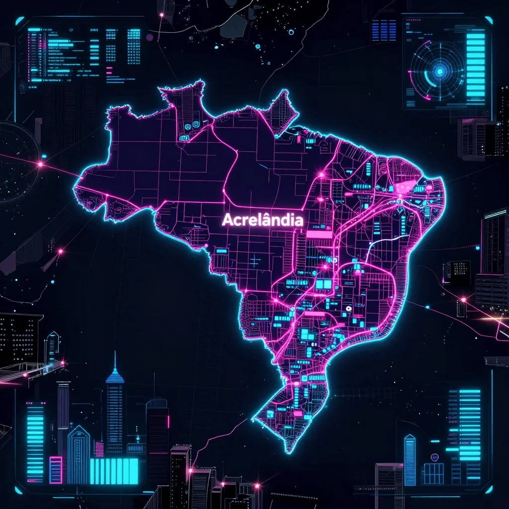 Cyberpunk style digital map of Acrelândia, Brazil with neon grid lines and futuristic UI design