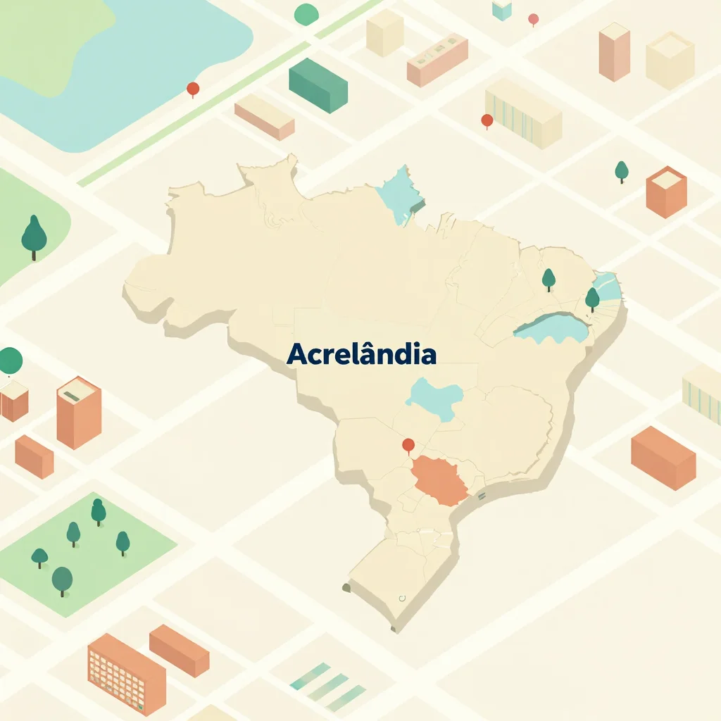 Isometric flat design tourist map of Acrelândia, Brazil showing landmarks, attractions, and points of interest