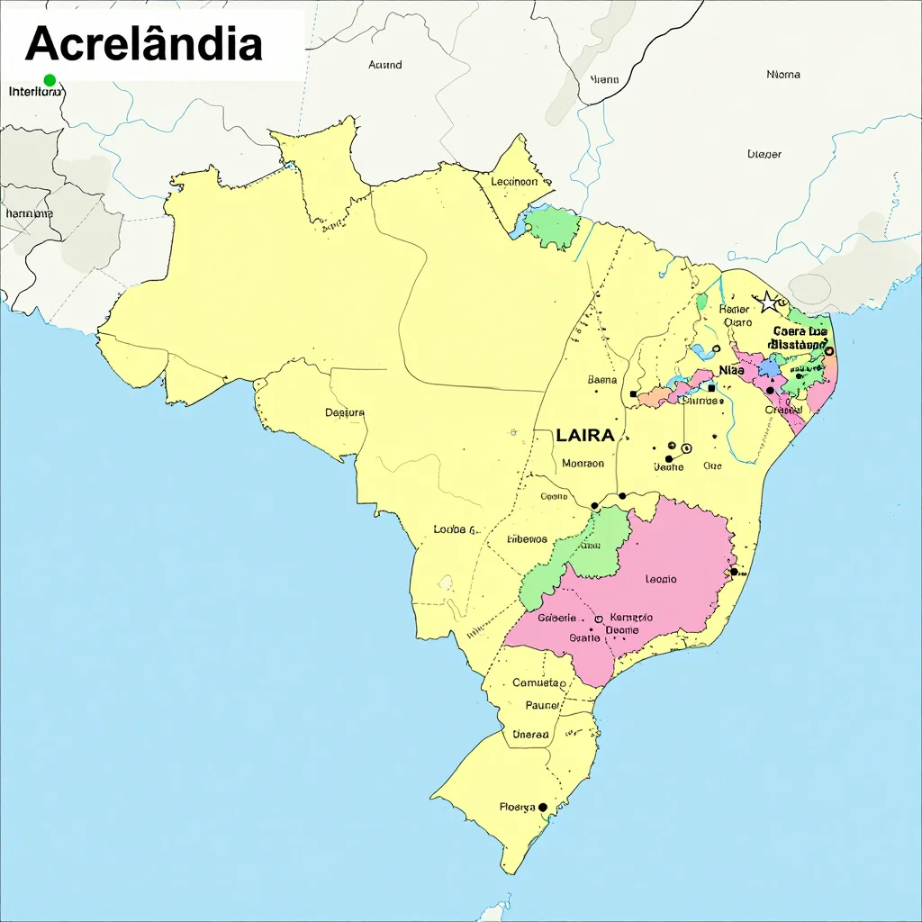 Political map showing borders, administrative divisions, major cities, and capital of Acrelândia, Brazil