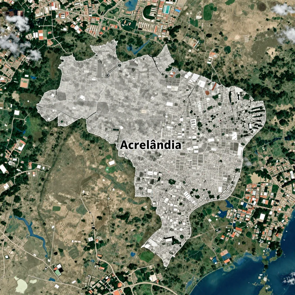 High-resolution satellite image of Acrelândia, Brazil showing land cover, urban areas, and natural features from space