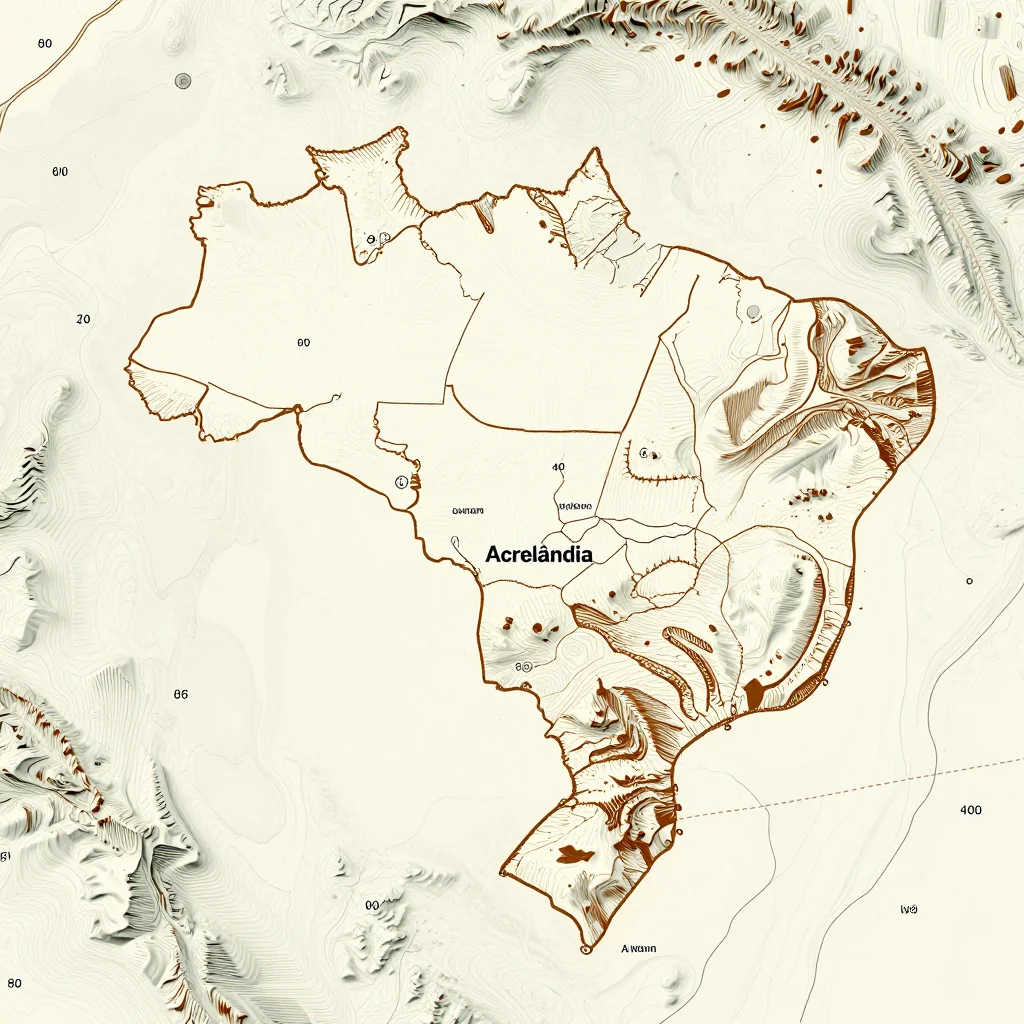 3D topographic map showing elevation contours, mountain ranges, and terrain features of Acrelândia, Brazil
