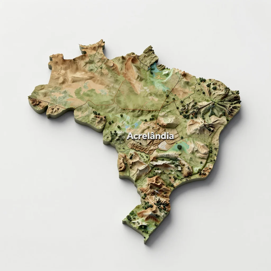 Isometric 3D topographic visualization showing elevation and terrain of Acrelândia, Brazil