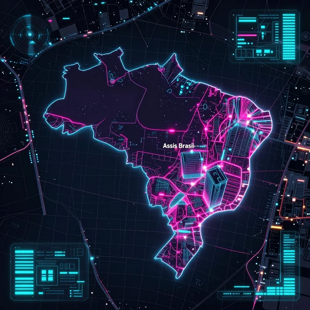 Futuristic Cyberpunk Map of Assis Brasil, Brazil Cyberpunk style digital map of Assis Brasil, Brazil with neon grid lines and futuristic UI design
