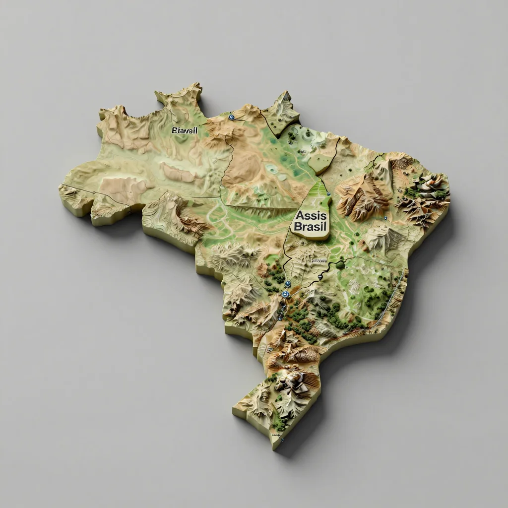 3D Isometric Topographic Map of Assis Brasil, Brazil Isometric 3D topographic visualization showing elevation and terrain of Assis Brasil, Brazil