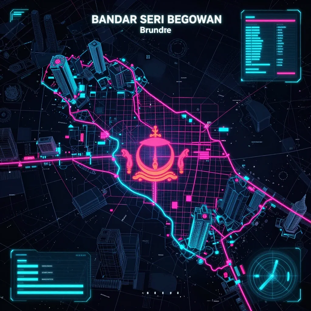 Cyberpunk style digital map of Bandar Seri Begawan, Brunei with neon grid lines and futuristic UI design