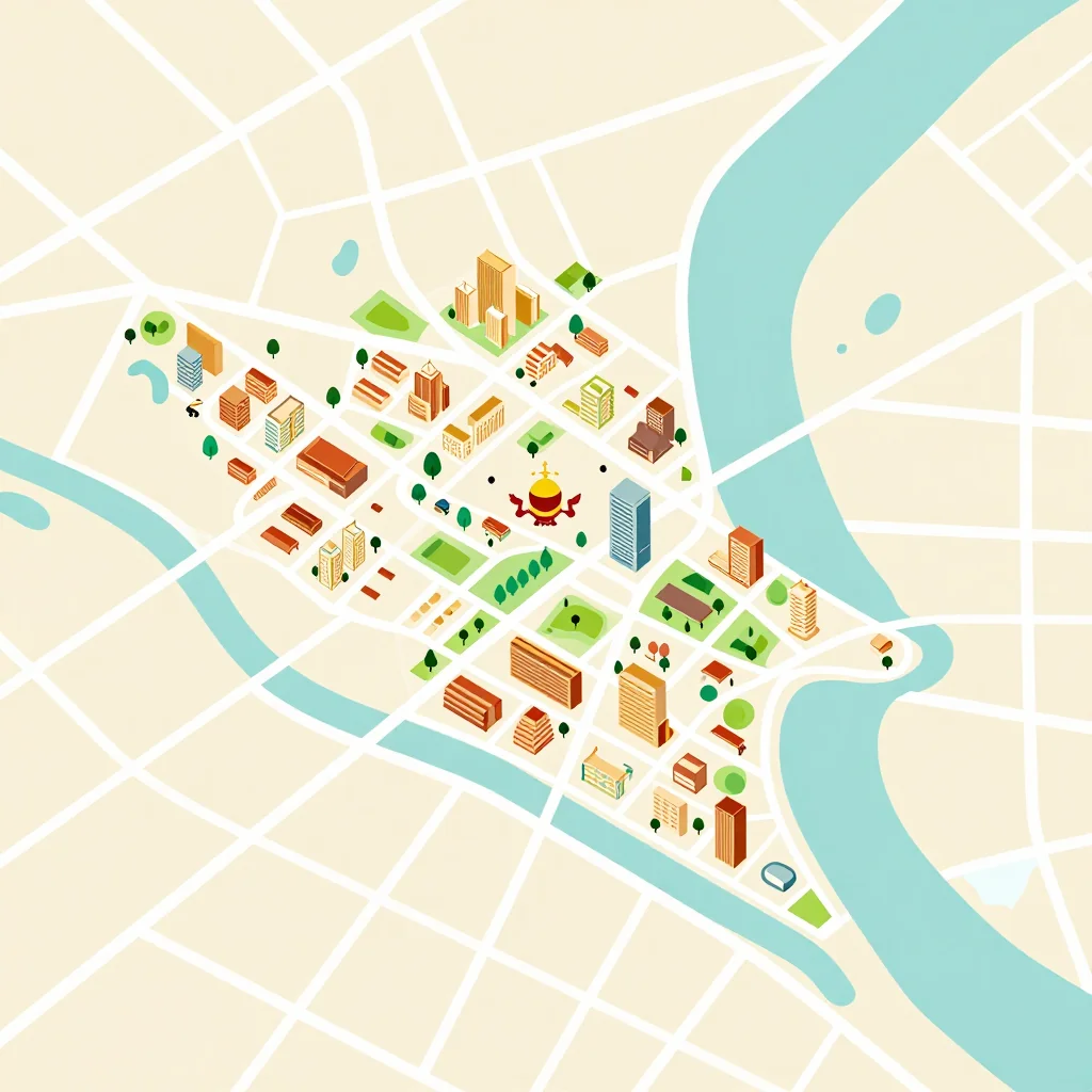 Isometric flat design tourist map of Bandar Seri Begawan, Brunei showing landmarks, attractions, and points of interest