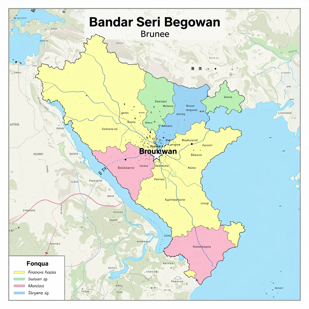 Political map showing borders, administrative divisions, major cities, and capital of Bandar Seri Begawan, Brunei