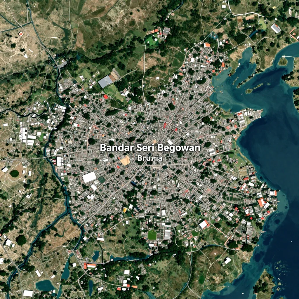 High-resolution satellite image of Bandar Seri Begawan, Brunei showing land cover, urban areas, and natural features from space