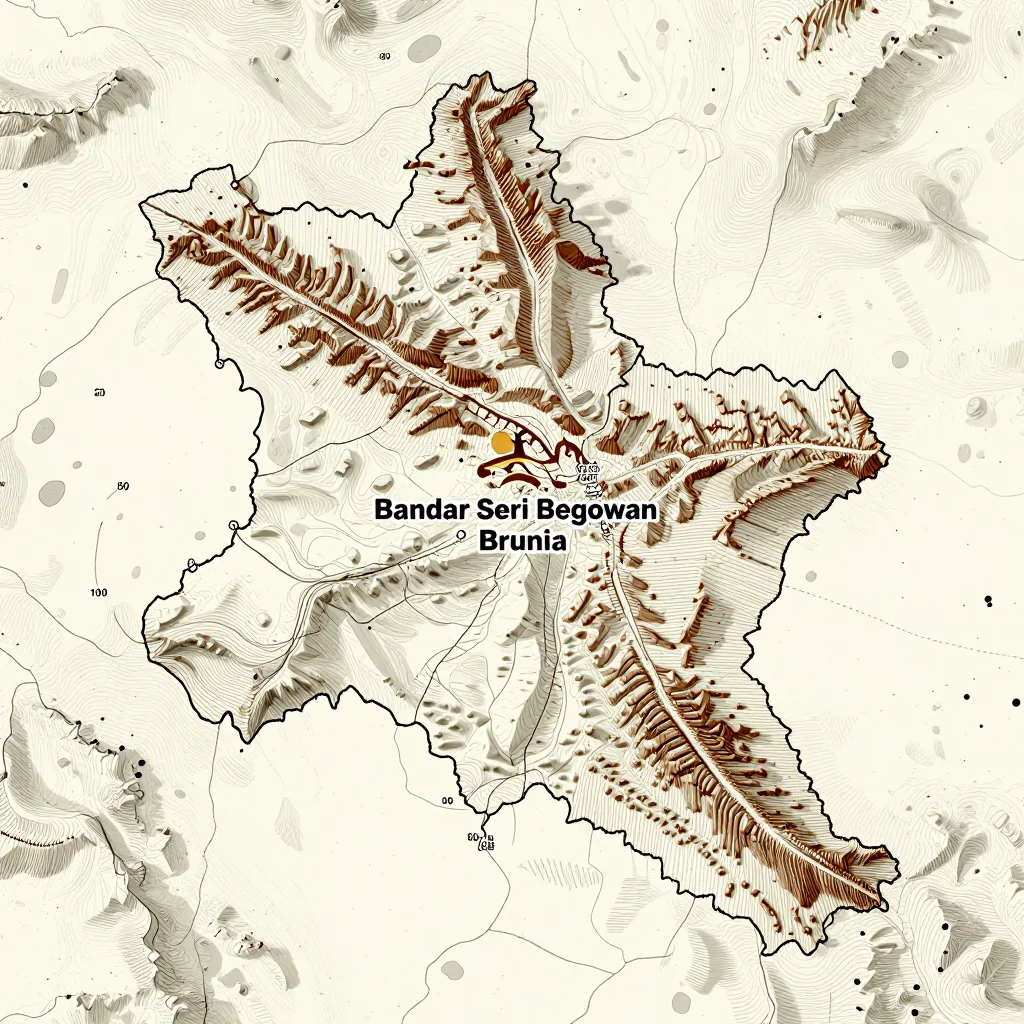 3D topographic map showing elevation contours, mountain ranges, and terrain features of Bandar Seri Begawan, Brunei