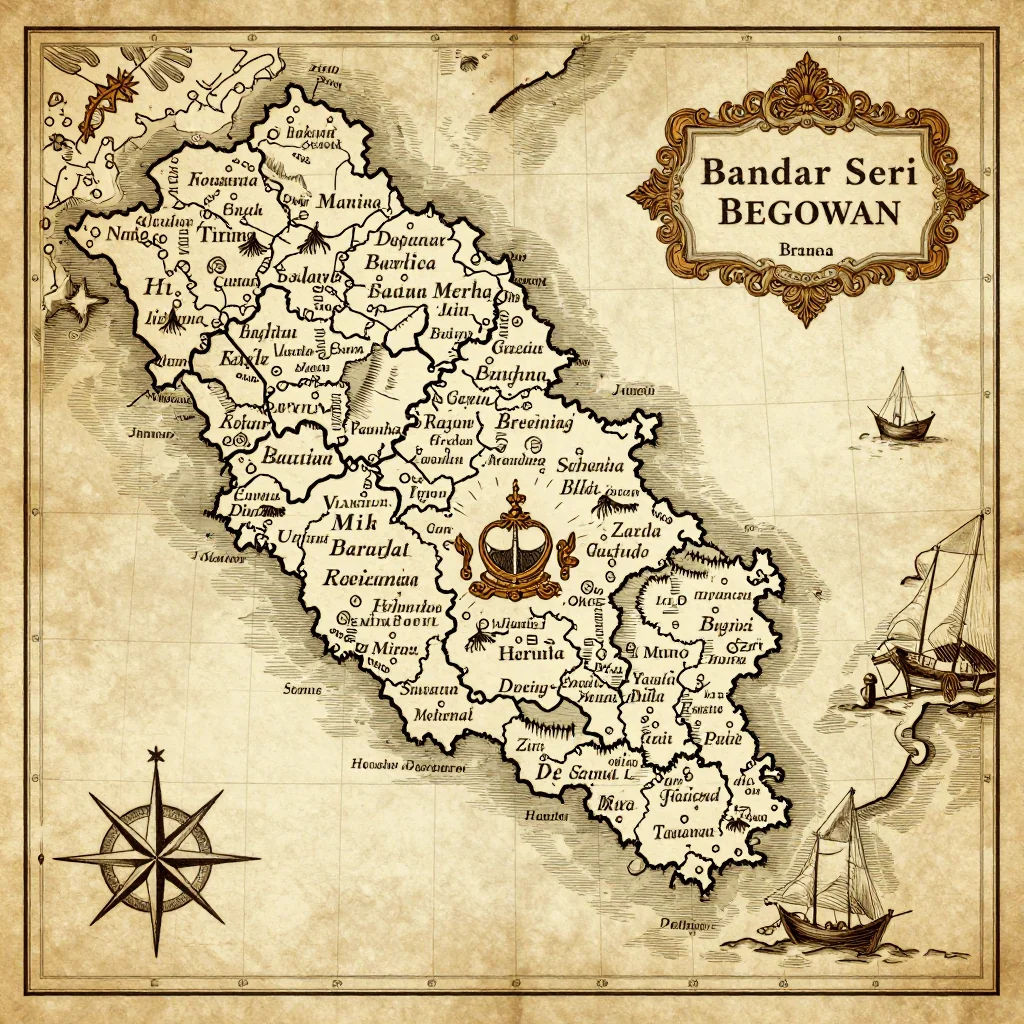 Antique vintage map of Bandar Seri Begawan, Brunei showing historical cartography style