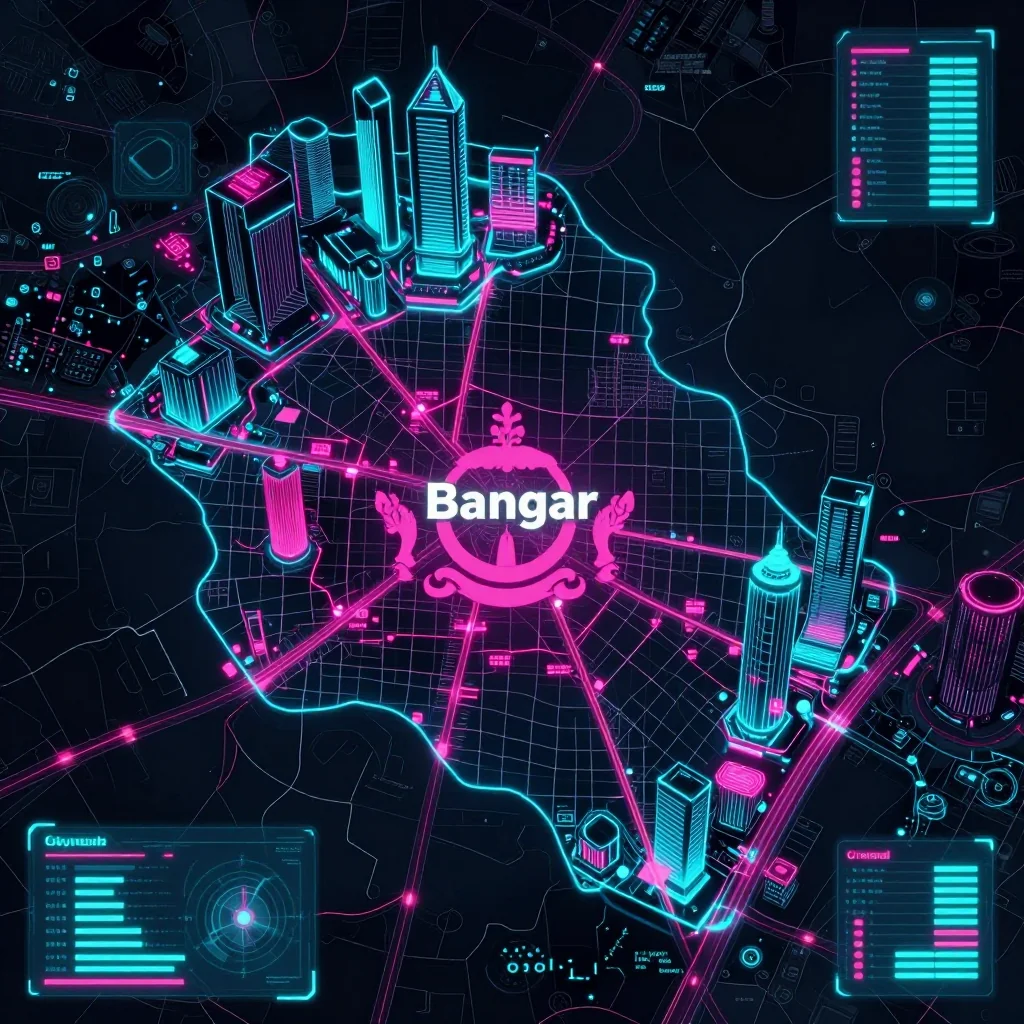 Cyberpunk style digital map of Bangar, Brunei with neon grid lines and futuristic UI design