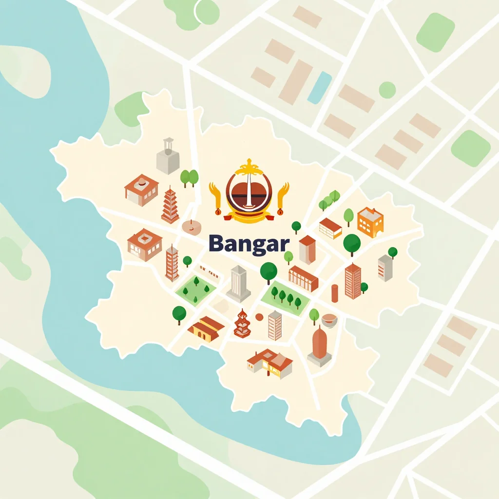 Isometric flat design tourist map of Bangar, Brunei showing landmarks, attractions, and points of interest