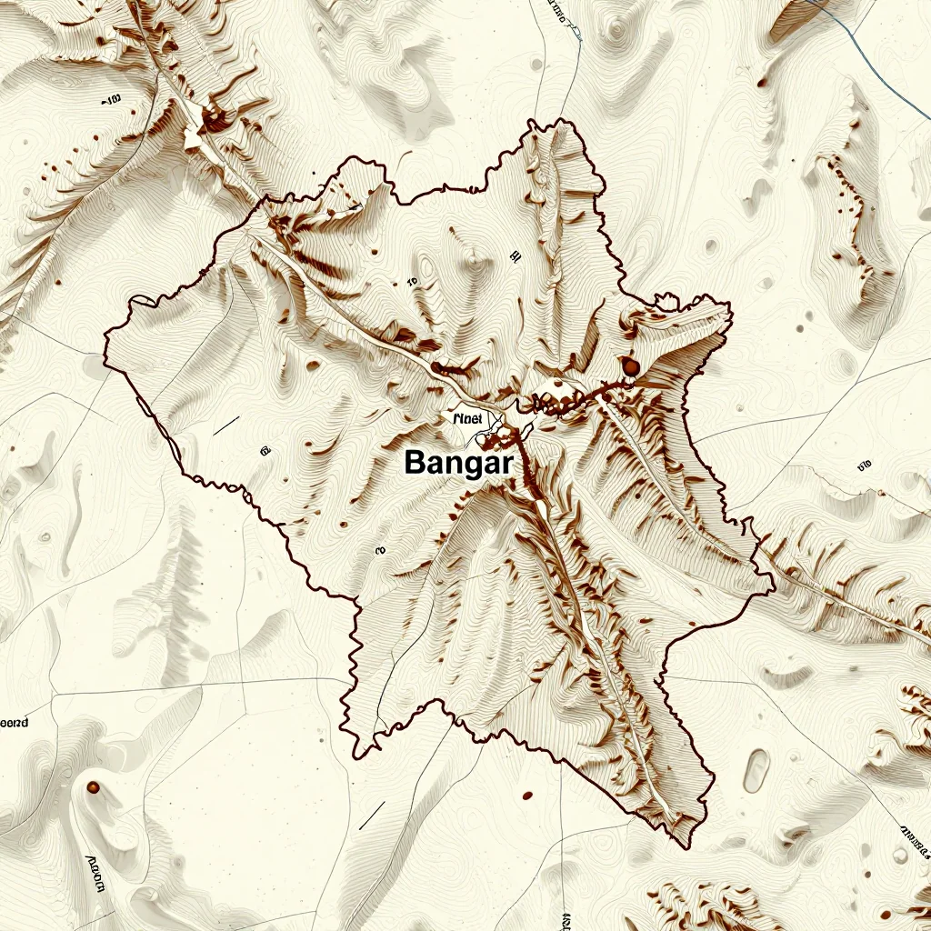 3D topographic map showing elevation contours, mountain ranges, and terrain features of Bangar, Brunei