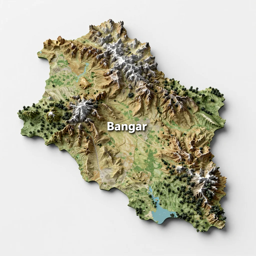 Isometric 3D topographic visualization showing elevation and terrain of Bangar, Brunei